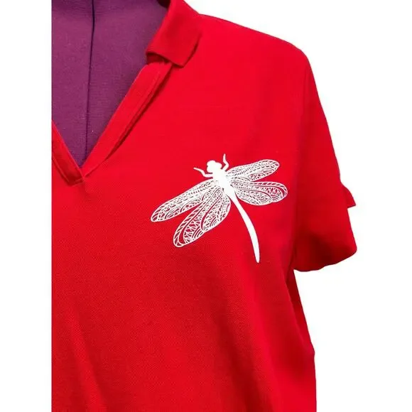 Hand Printed Upcycled Womens 3X Dragonfly Cotton Blend Collared Polo Shirt - Picture 2 of 5
